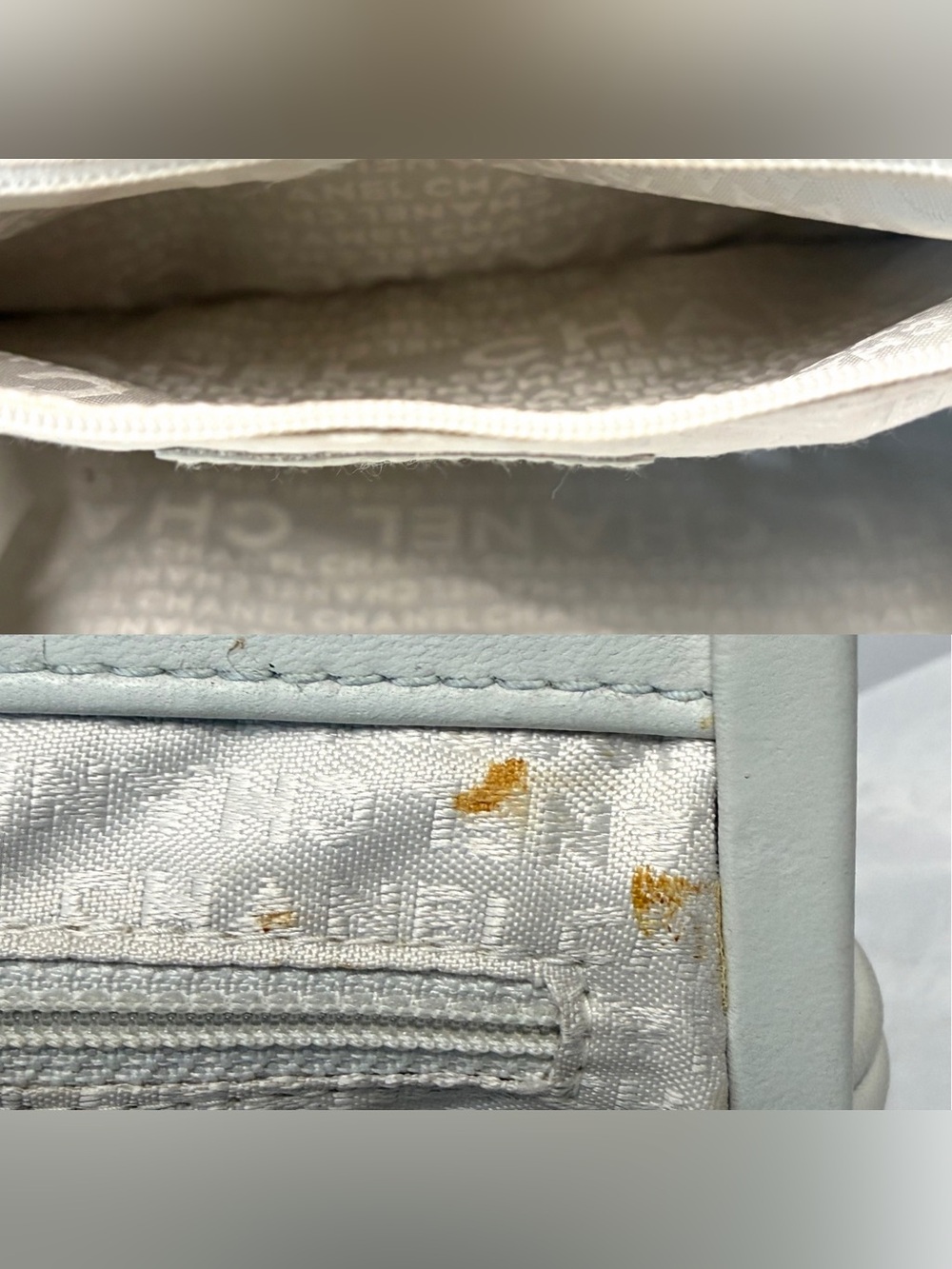 CHANEL lambskin top handle clutch, ivory-grey, leather Camelia accent,11x12, EUC - Picture 13 of 16